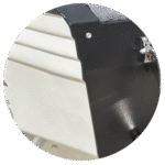 Velsen boat side with black Raptor coating and silver aluminum hull