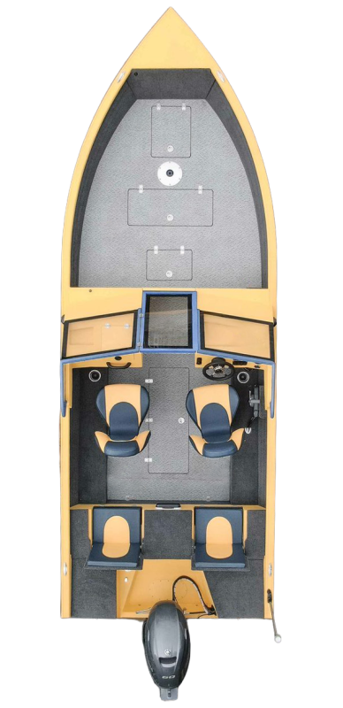 Velsen 535 aluminium fishing boat top view – full deck layout with console, storage compartments and outboard engine